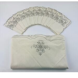 Vintage Large Tablecloth and 12 Napkins Embroidered Cream Grey Floral Bell Gray